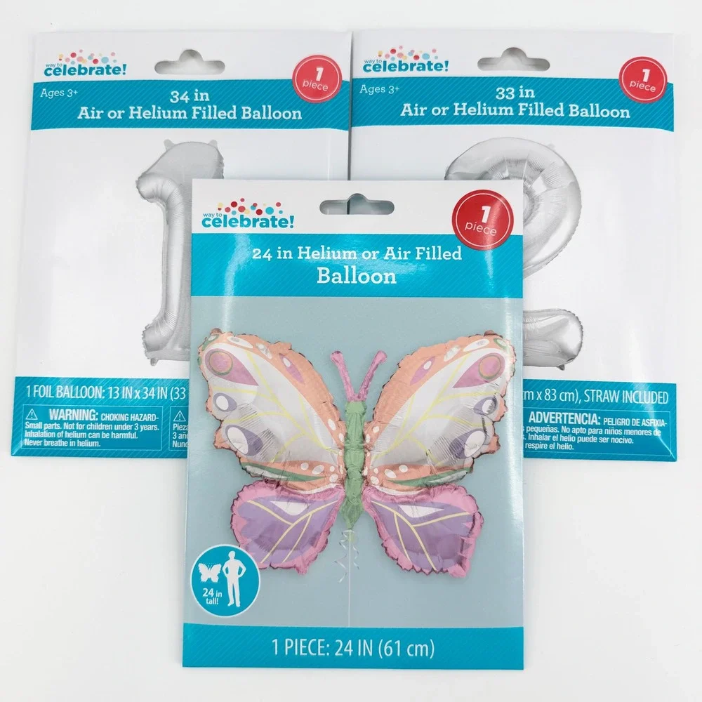 Way to Celebrate 1 2 Number Balloons Butterfly 1st 2nd 12th 21st Birthday NEW